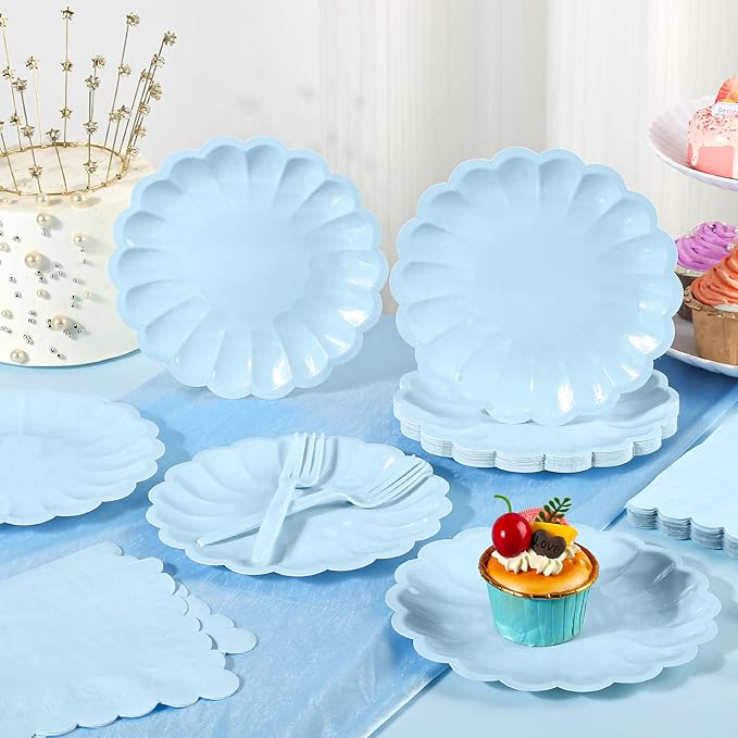 75 Pcs Blue Paper Plates and Napkins, Baby Blue Tableware Set Include Light Blue Scalloped Plates with Shell Edge, Napkins & Plastic Forks for Wedding Baby Shower Birthday Party, Serve for 25 Guests