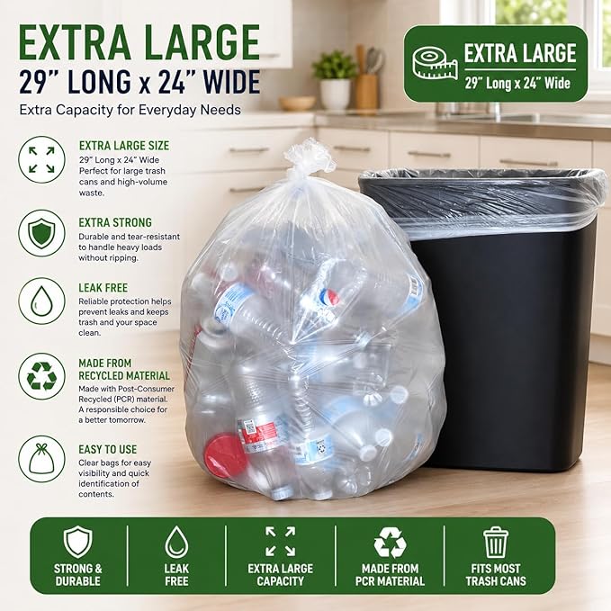 7-10 Gallon Clear Garbage Bags (110 Bags) 29" x 24" Extra Large Medium Kitchen Trash Bags Paper Shredder Bags Can Liners for Home and Office Bins, 110 ct. (Fits 7 Gal, 8 Gal, 9 Gal and 10 Gal Bins)