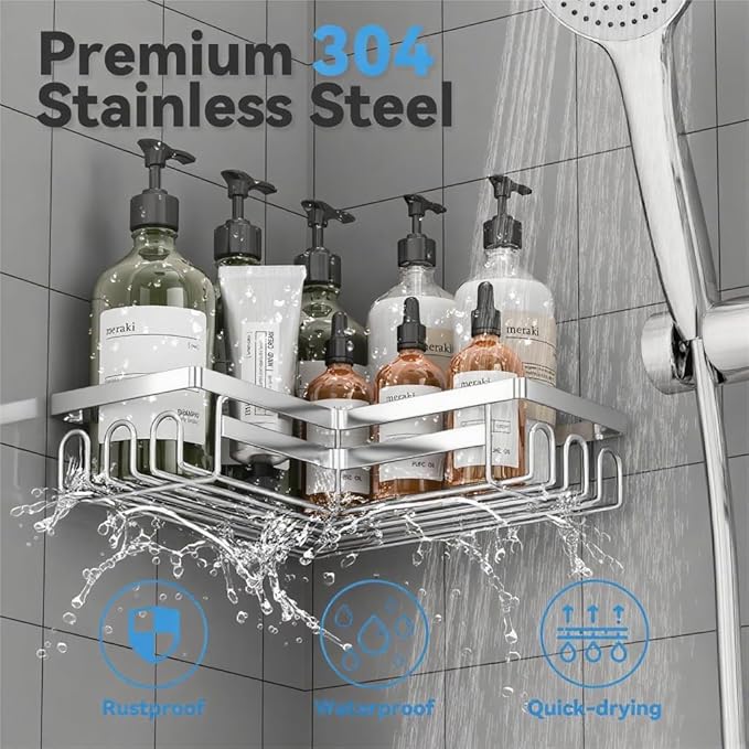 3 Pack Adhesive Corner Shower Caddy Shelf Organizer Rack, No Drilling Stainless Steel Shower Storage Rack with Hooks for Bathroom Storage & Home Decor