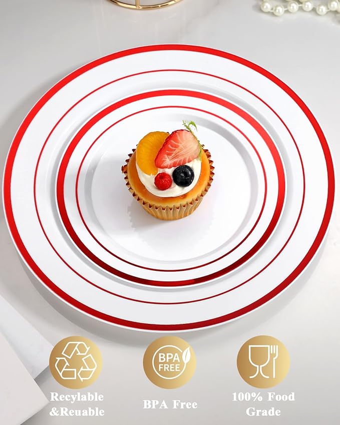 Goodluck 200 Pack Red Rim Plastic Plates - 100 Dinner Plates (10.25") & 100 Dessert Plates (7.5") - Heavy Duty Disposable White Plates with Elegant Red Trim - Premium Dinnerware Set for Wedding