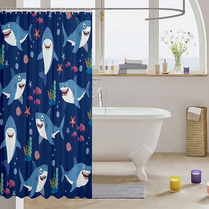 Shark Pattern Waterproof Shower Curtains Luxury Heavy Fabric Bathroom Shower Curtain Cartoon Shark Hotel Home Dorm Bathtubs Decor Shower Curtain Machine Washable Grommet Curtain 72 x 84 Inch