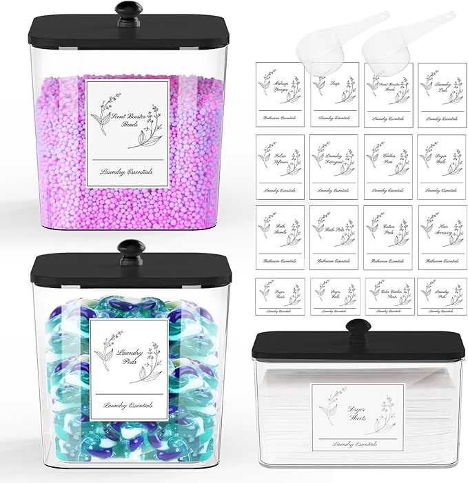 COAZEX 3 Pack Plastic Laundry Pods Container & Dryer Sheet Holder, Laundry Room Organization and Storage Jars with Lids, Scoops & Labels for Detergent, Powder, Scent Booster(Black Lid)