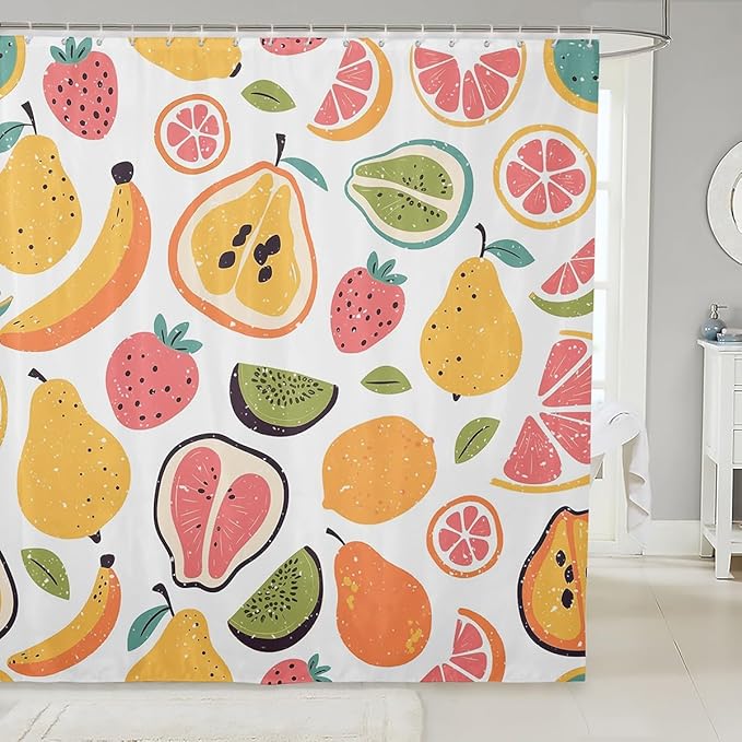 Erosebridal Tropical Shower Curtain 72" Wx72 L, Cute Watermelon Orange Lemon Shower Curtain, Pear Papaya Apple Banana Waterproof Bathroom Curtains, Cartoon Fruits Bath Curtain Summer Home Decor