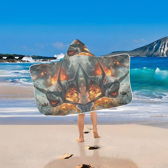 Hooded Towel for Kids Shark and War Fire Beach Wrap Bath Towels 50x23.5in