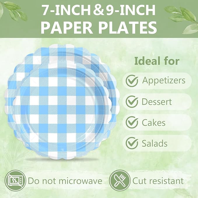 Mulbozy 100 Light Blue Gingham Plates and Napkins Disposable Set Includes 25-9" & 25-7" Dessert Cake Scalloped Plates, Cocktail Napkins, Forks for for Holiday Party Supplies