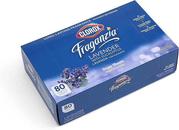 Clorox Fraganzia Fabric Softener Dryer Sheets, Wrinkle Reducing and Anti Static Laundry Dryer Sheets for Great Smelling Clothes, Softens Fabrics, Lavender with Eucalyptus Scent, 80 Count