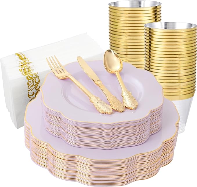 NOCCUR 175PCS Purple Plastic Plates with Gold Disposable Silverware - Include 50 Lavender and Gold Plastic Plates,25 Knives,25 Forks,25 Spoons,25 Cups and 25 Napkins - Mother's Day/Spring Party