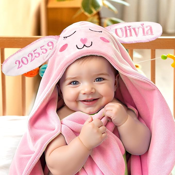 Baosity Custom Hooded Baby Towel with Name, Soft Absorbent Bunny Toddler Towel, Baby Bath Towels for Girls Boys, Personalized Easter Brithday for Baby, Toddler, Newborn Essential