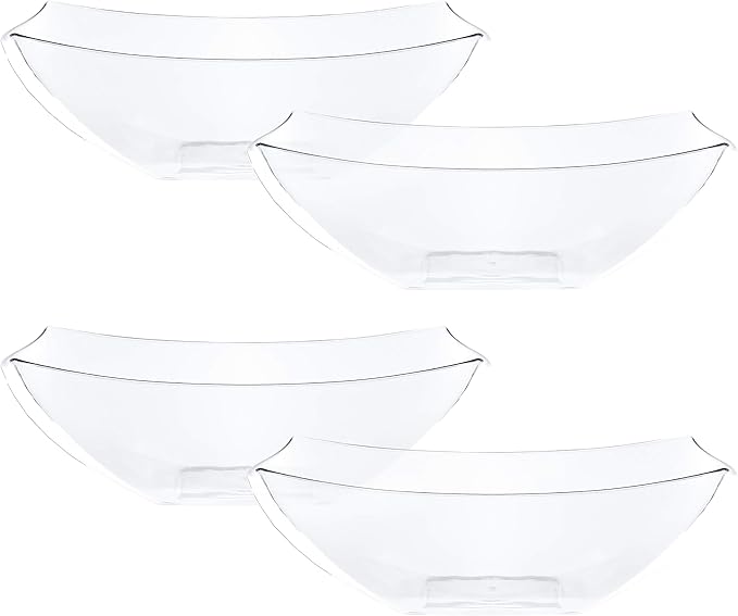 PLASTICPRO Disposable 32 ounce Square Serving Bowls, Party Snack or Salad Bowl, Medium, Plastic Crystal Clear Pack of 4