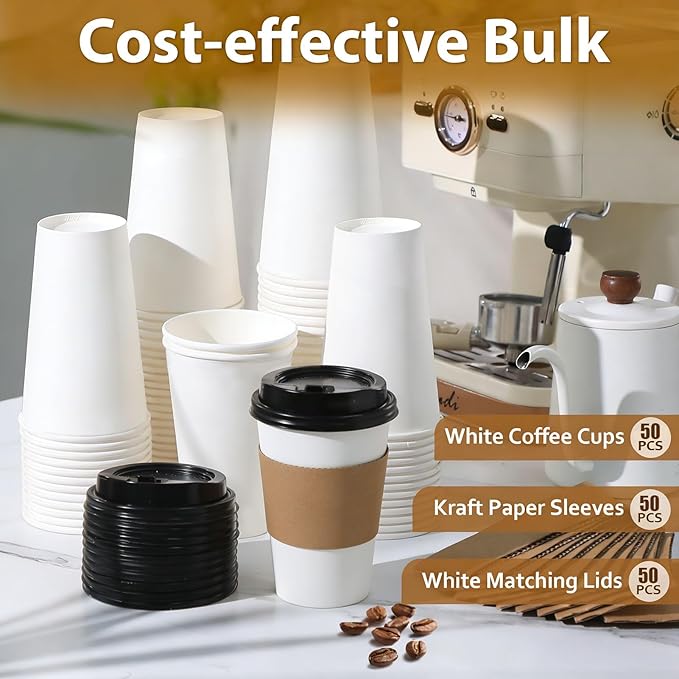 Clawsoff 100 Pack 16 oz Disposable Paper Coffee Cups with Lids and Sleeves, Sturdy Thick Paper Cups with Lids(White)