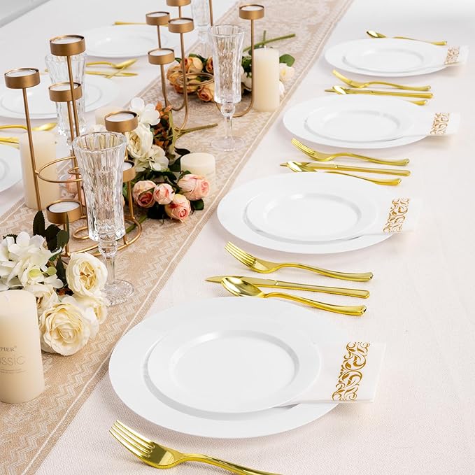 Goodluck 200PCS White Plastic Plates, Heavy Duty Disposable Plates with 100 10.25 inch Dinner Plates and 100 7.5 inch Dessert Plates for Party, Holiday, Wedding