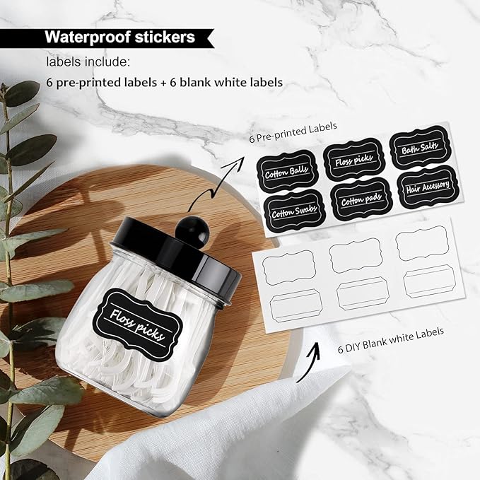 6 Pack Qtip Holder Bathroom Set, SheeChung Plastic Mason Jar Apothecary Jar Set for Bathroom Vanity Storage Organizer, Farmhouse/Home Decor, 12 Labels (Black)