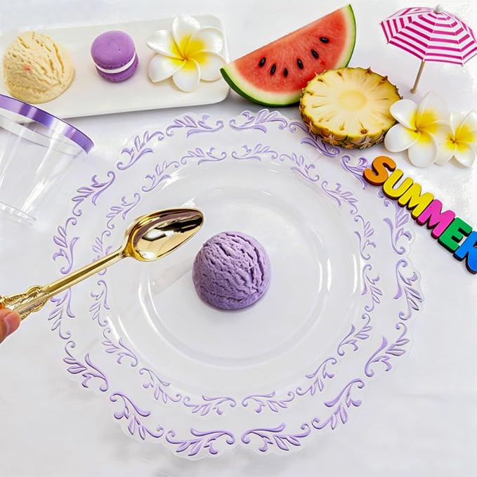 PULOTE 175PCS Purple Plastic Plates - Clear Plastic with Purple Rim - Include 25 Each (Dinner & Dessert) Plates, 25 Guests Cutlery, 25 Cups, 25 Napkins for Party & Spring