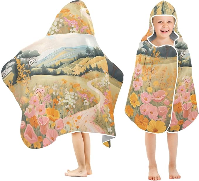 Hooded Towel for Kids Floral Path Painting Beach Wrap Bath Towels 50x23.5in