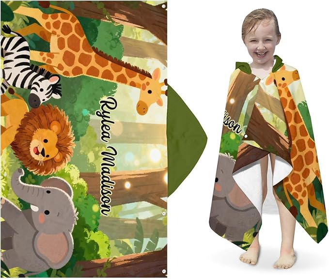 Jungle Giraffe Lion Zebra Personalized Hooded Towel Absorbent Wrap Soft Pool Beach Bath Towels Hood Poncho for 5-12 Years Kids Boys Girls