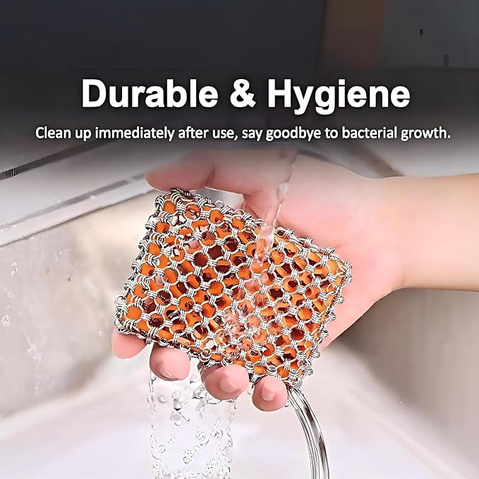 2026 Upgrade 316 Stainless Steel Pan Cleaner,4.5 Inch Triple-Ring Chain Mail Scrubber with Silicone Core, Cast Iron Pot Brush for Easier Removal of Stubborn Oil Stains & Food Residue–Orange