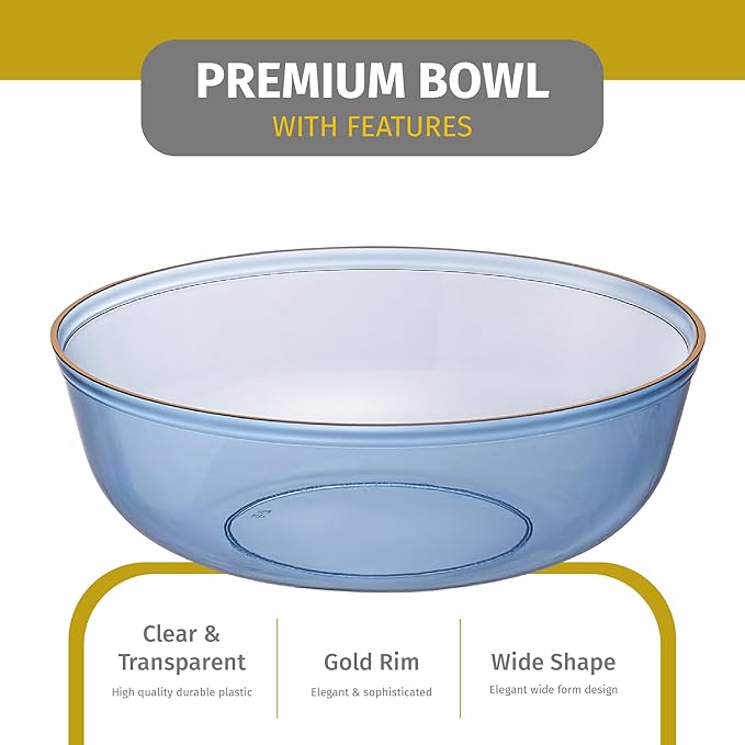 PLASTICPRO Plastic Party Plates Edge Collection Premium heavyweight Elegant Disposable Tableware Dishes (TRANSLUCENT BLUE WITH GOLD RIM, 16 OZ BOWLS)
