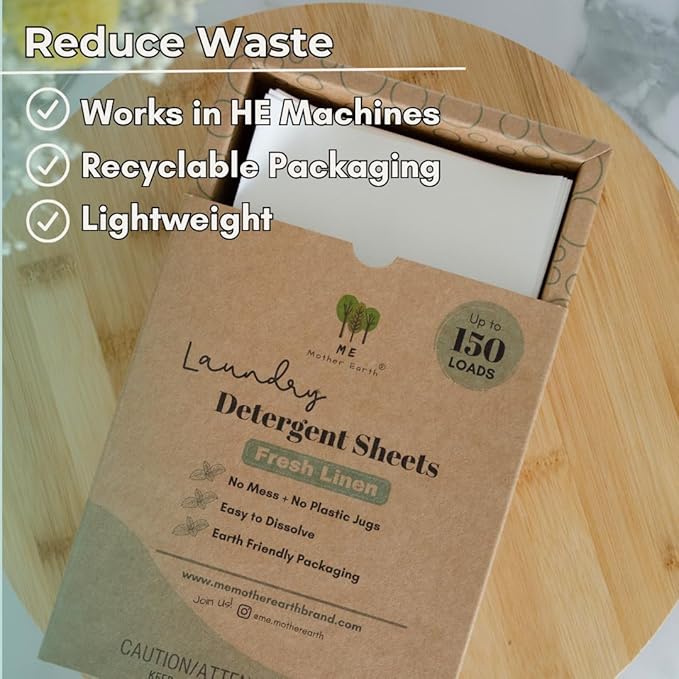 ME Mother Earth Laundry Detergent Sheets Essential for Travel, No Mess, Space Saving, Convenient, Concentrated, Liquidless, Hypoallergenic, Plastic-Free, Eco-Friendly (Fresh Linen 150 Loads)