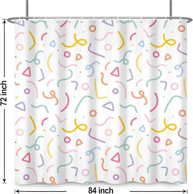 Cute Colorful Doodle Shower Curtains Playful Confetti Shower Curtain Decorative for Bathroom Pastel Waterproof Fabric Bathroom Decorations with Hooks 84x72 Inches