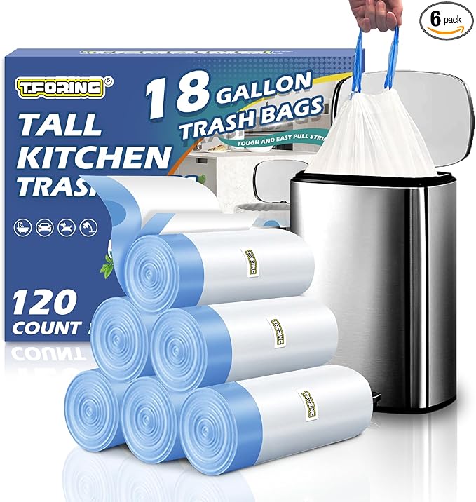 18 Gallon Trash Compactor Bags with Drawstring - 120 Count Heavy Duty 1.7 Mil Garbage Bags 68 Liter Tall Kitchen Bin Liners Unscented White for Home Yard Lawn
