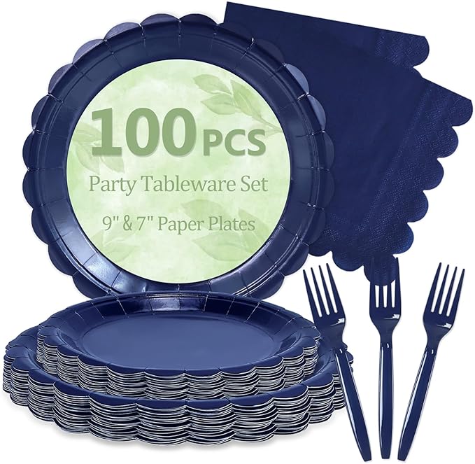 Mulbozy 100 Navy Blue Plates and Napkins Disposable Set Includes 25-9" & 25-7" Dessert Cake Scalloped Plates, Cocktail Napkins, Forks for for Holiday Party Supplies