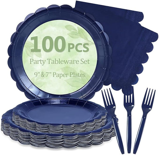 Mulbozy 100 Navy Blue Plates and Napkins Disposable Set Includes 25-9" & 25-7" Dessert Cake Scalloped Plates, Cocktail Napkins, Forks for for Holiday Party Supplies