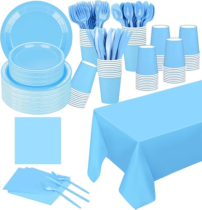 229PCS Light Blue Party Supplies Set Paper Disposable Plates Cups Plastic Spoons Forks Knives Light Blue Napkins for 30 Guests Disposable Party Dinnerware Sets for Wedding Birthday Parties