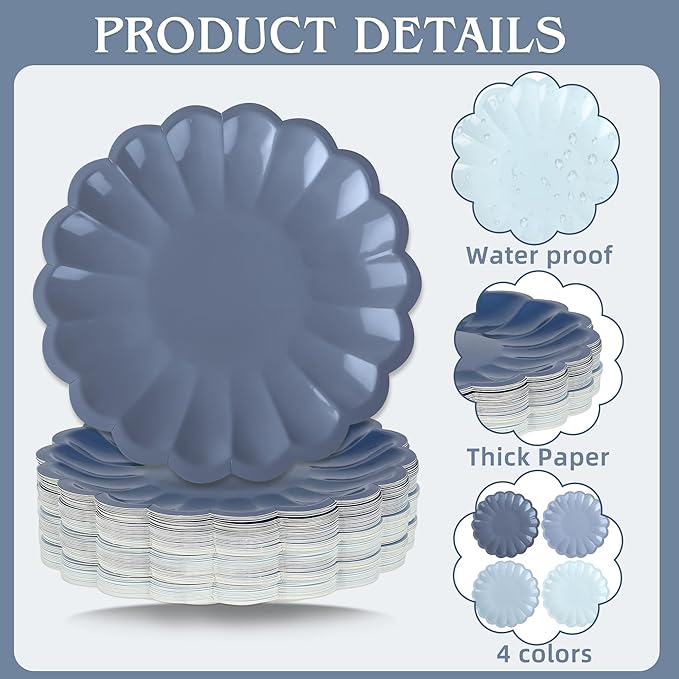 AimFun 48 Pcs Dusty Blue Paper Plates 7.5 Inch Scalloped Disposable Plates Gradient Blue Dessert Plates for Birthday Wedding Baby Shower Bridal Bachelorette Party Supplies Table Decor