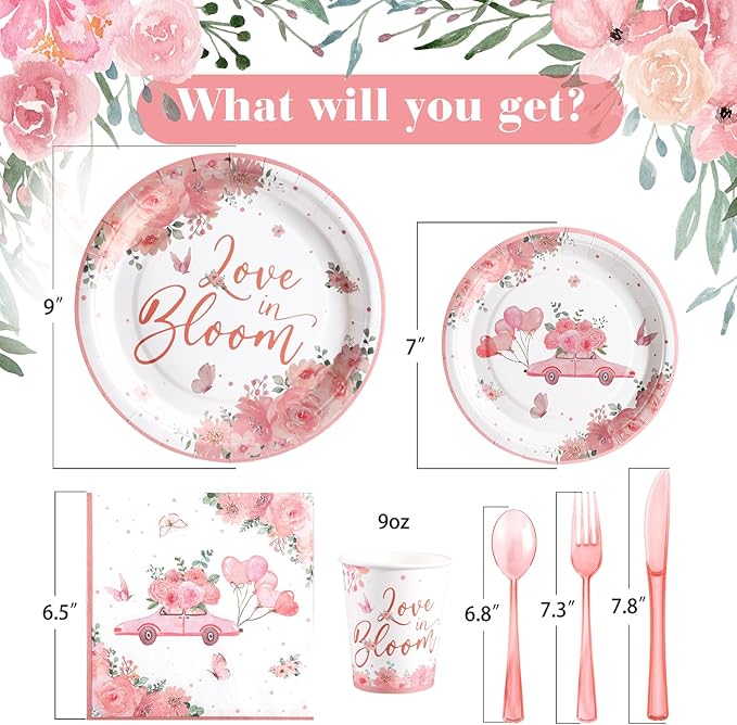 Love in Bloom Bridal Shower Decorations,168pcs Bridal Shower Plates and Napkins Sets Serves 24 for Pink Floral Wedding Party Supplies,Spring Love in Bloom Party Decorations, Baby Girl Shower
