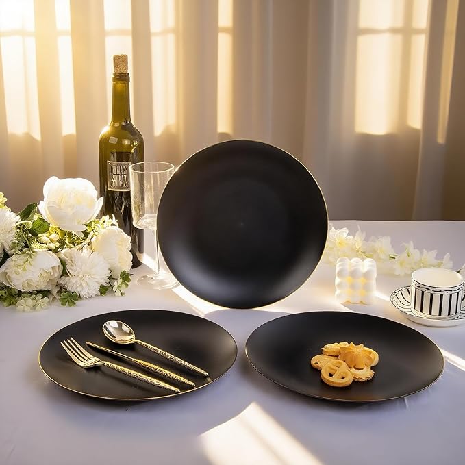 EI 80pcs Black and Gold Dinner Plates Disposable 10.25inch,Plastic Party Graduation Plates with Gold Rim,Black Plastic Matte plate Frosted Disposable Heavy Duty,Elegant for Wedding/Graduation