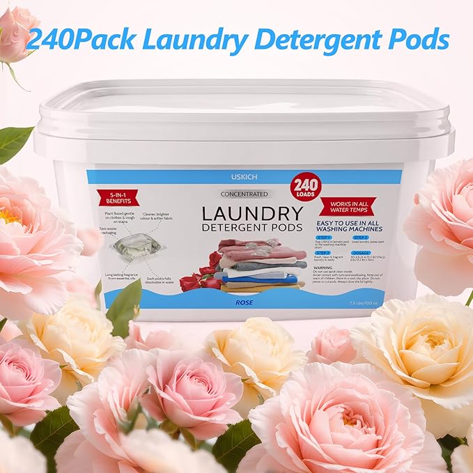 240 Pack Laundry Detergent Pods- 5-in-1 Stain Remover Laundry Soap Pods- Ultra Concentrated,Dissolvable Detergent Pods Bulk for Washing Machines,Rose Scent