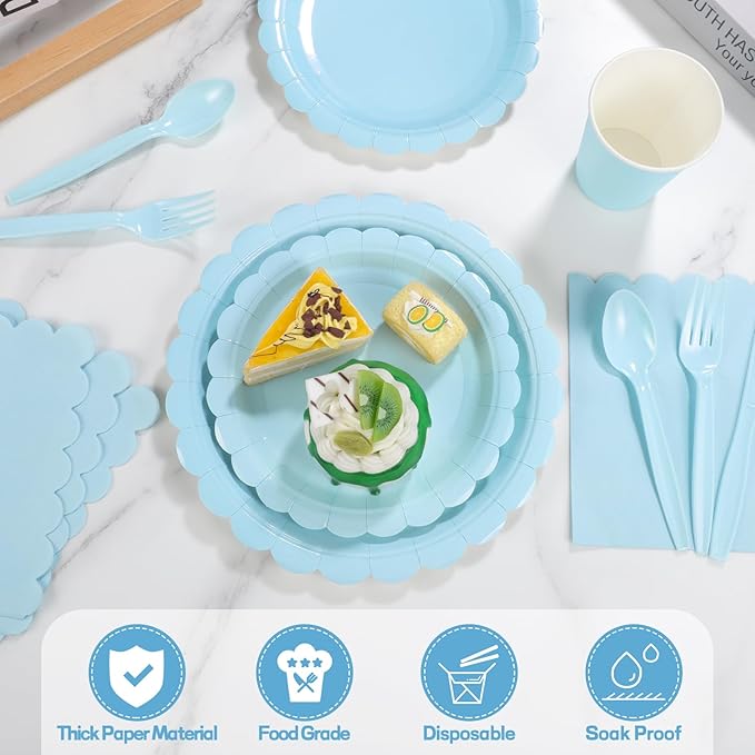 175 Pcs Light Blue Paper Plates and Napkins, Boy Baby Shower Decorations Include Blue Scalloped Plates Napkins Cups for Kindergarten Graduation, Birthday, Bridal Shower, Wedding
