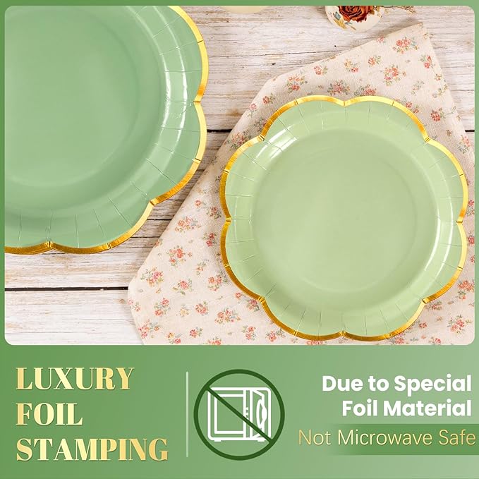 Sage Green Paper Plates and Napkins Party Supplies Serves 50,Green Scalloped Party Plates with Gold Rim,350Pcs Disposable Plates and cups and napkins for Spring Birthday Party Bridal Baby Shower
