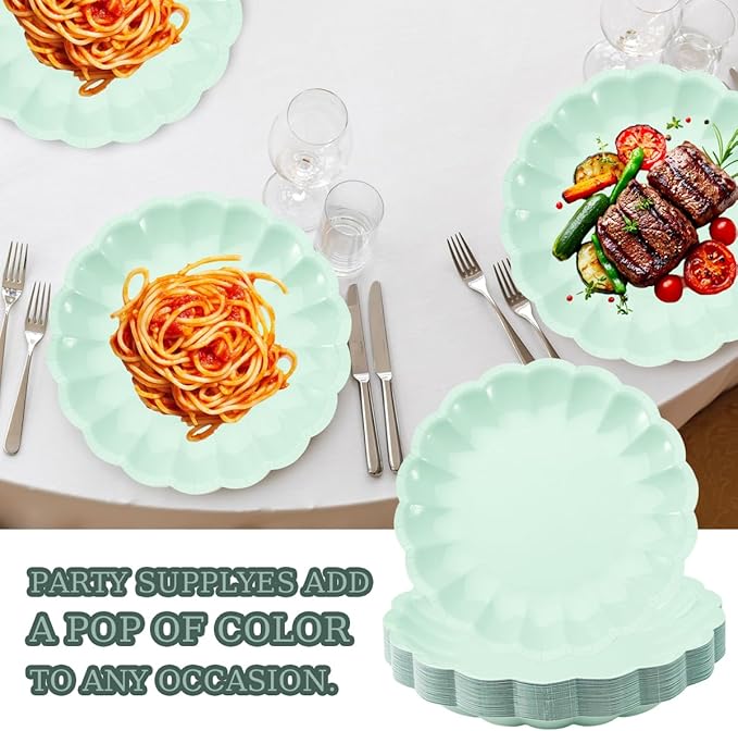 BHHQHH 50Pcs Disposable Scalloped Paper Plates 9 Inch Shell Edge Dinner Paper Plates for Wedding Baby Shower Birthday Party Bridal Party Supplies(Green)