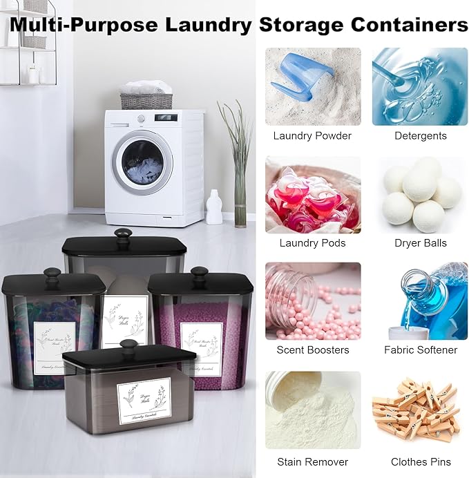 Zingbee 4 Pack Laundry Detergent Containers & Dryer Sheet Holder with Black Lids, Scoops & Labels - Plastic Laundry Organizer and Storage Jars for Pods, Detergent, Scent Booster