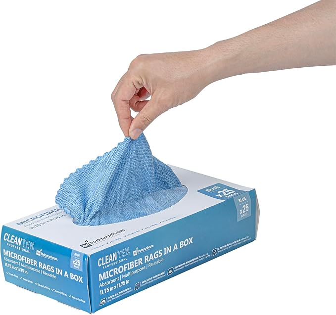 Restaurantware-Clean Tek Professional 11.81 x 11.81 Inch Microfiber Rags In a Box, 250 Absorbent Cleaning Cloths - No-Scratch, Blue Microfiber Reusable Edgeless Cleaning Towels, Leaves No Streak