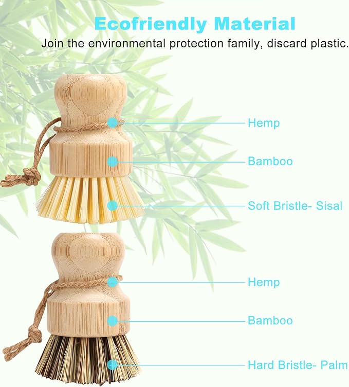 Aisuly Bamboo Dish Brush Set, 2 Pcs Palm Wooden Dish Scrubber Brush, Dish Brushes, Durable Wood Dishes Scrub Brush, Natural Round Vegetable Cleaning Pots Pans Sink Washing Kitchen Brush