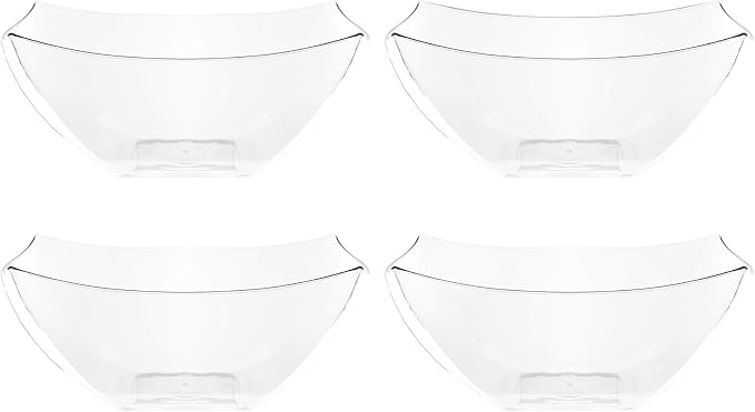 PLASTICPRO Disposable Square Serving Bowls, Party Snack or Salad Bowl, Plastic Clear or White Pack of 4 (8 OUNCE, Clear)