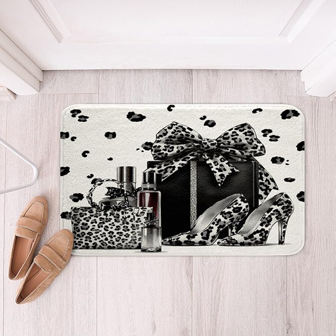 Black Leopard Bowknot Kids Bath Mats,High-Heeled Shoe Perfume Bow Tie Mats Rugs for Girls,Cheetah Skin Abstract Modern Bath Carpets,Noble Chic Bath Rugs,Absorbent Floor Mats,16Wx24L Inches