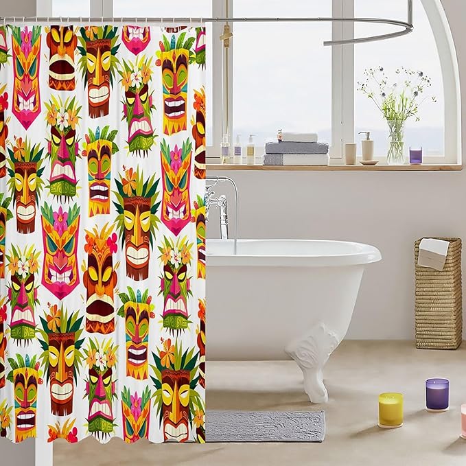 Tiki Bar Bathroom Shower Curtain Set Retro Inspired Shower Curtain Happy Hawaiian Party Bath Curtain for Kids Boys Girls Cute Colorful Tiki Pattern Waterproof Shower Curtain with Hooks 72x84 Inch