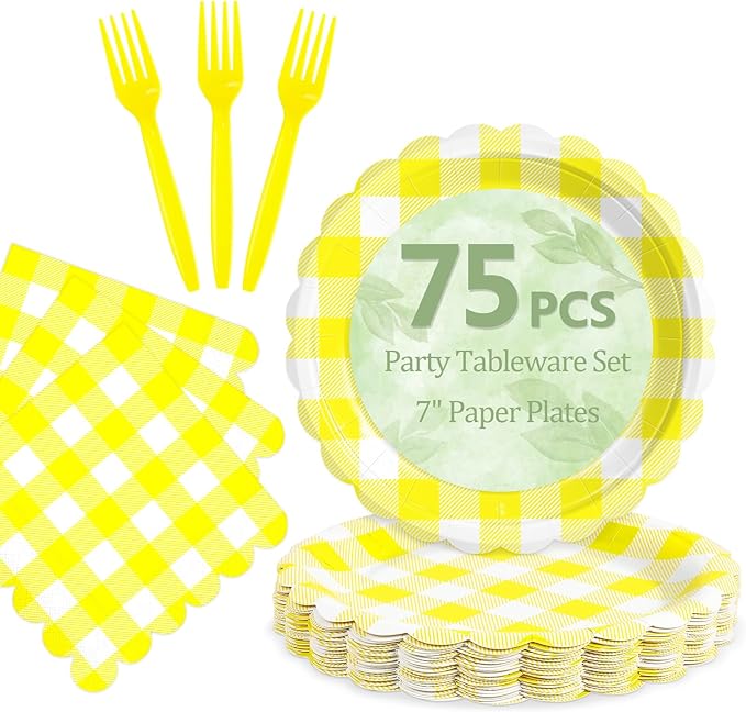 Mulbozy 75 Yellow Gingham Plates and Napkins Disposable Set Includes 25 Dessert Cake Scalloped Plates, Cocktail Napkins & Forks, for Fork 25 Guests Holiday Party Supplies.