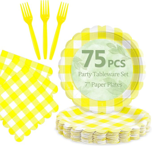 Mulbozy 75 Yellow Gingham Plates and Napkins Disposable Set Includes 25 Dessert Cake Scalloped Plates, Cocktail Napkins & Forks, for Fork 25 Guests Holiday Party Supplies.