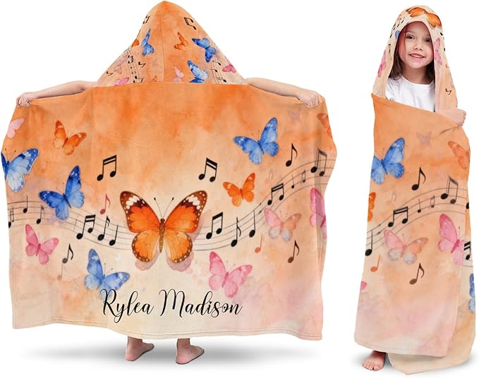 Music Butterfly Watercolor Personalized Hooded Towel Absorbent Wrap Soft Pool Beach Bath Towels Hood Poncho for 5-12 Years Kids Boys Girls