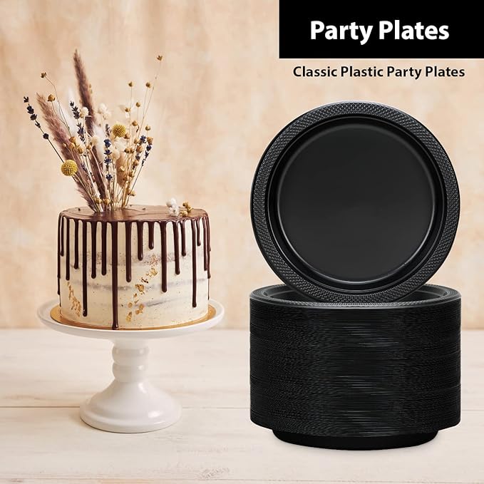 Hanna K. Signature Black Plastic Party Plates – 7-Inch Heavy Duty Disposable Plates, 50 Count, Party Supplies for Appetizers, Cake & Dessert
