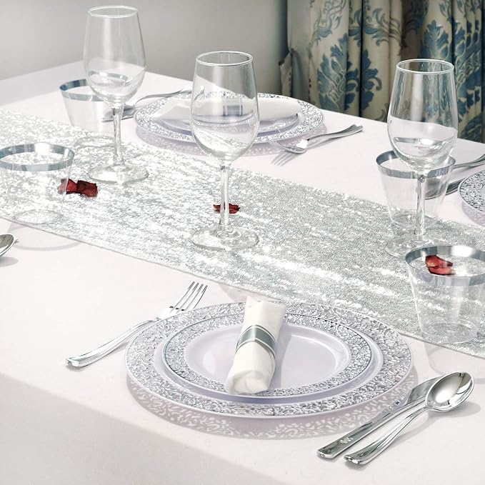 WELLIFE 700 Pieces Silver Disposable Plastic Dinnerware, Includes:100 Dinner Plates, 100 Dessert Plates, 100 Cups, 400 Pre Rolled Napkins with Silver Cutlery