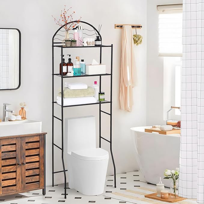 3 Tier Bathroom Over Toilet Storage Organizer Rack, Over the Toilet Storage, Space Saver Wrought Metal Bathroom Shelves, Freestanding Bathrooms Shelf for Restroom Laundry Balcony
