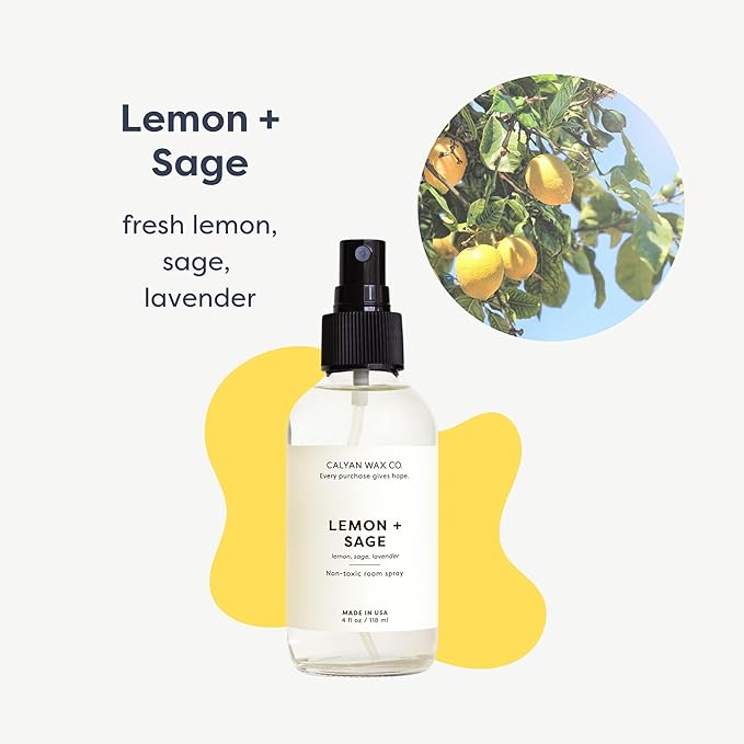 Calyan Wax Co. Lemon & Sage Room Spray - Clean Air Freshener - Natural Room Deodorizer - Air Freshener Spray for Home - 4 fl oz