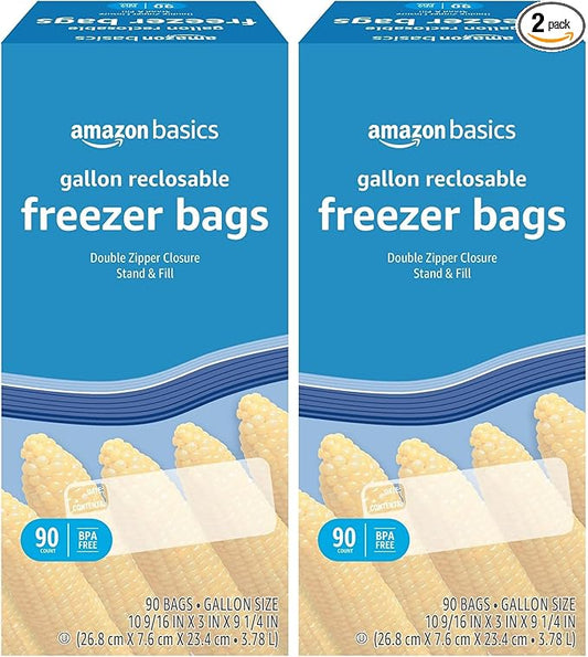 Amazon Basics Freezer Gallon Bags | Stand & Fill Base | 90 Count | Pack of 2