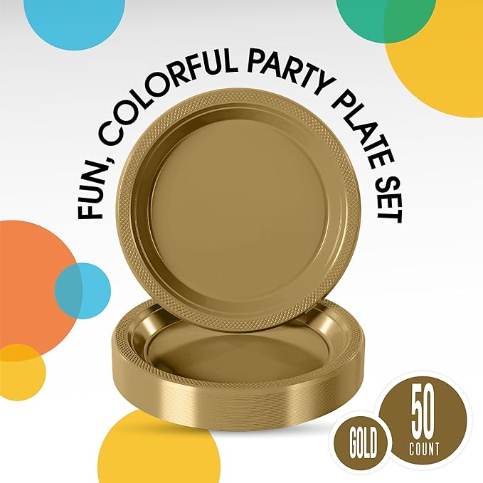 Exquisite Party Solids Gold Plastic Plates For Party Supplies 9" Gold Disposable Plates Heavy Duty 50 Pcs Plastic Dinnerware Sets Heavy Duty 350 GSM Disposable Dinnerware Set