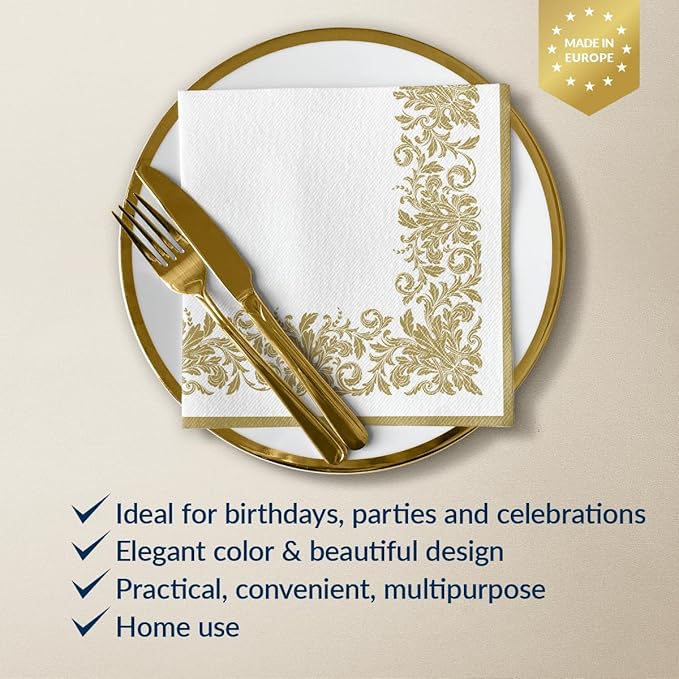 PAW - 50 Pieces Airlaid Paper Linen-Feel Napkins 16" x 16", Disposable Cloth-Like Napkins with Rose Design, Dinner Napkins for Kitchen, Party, Wedding, Barbecue, Picnic